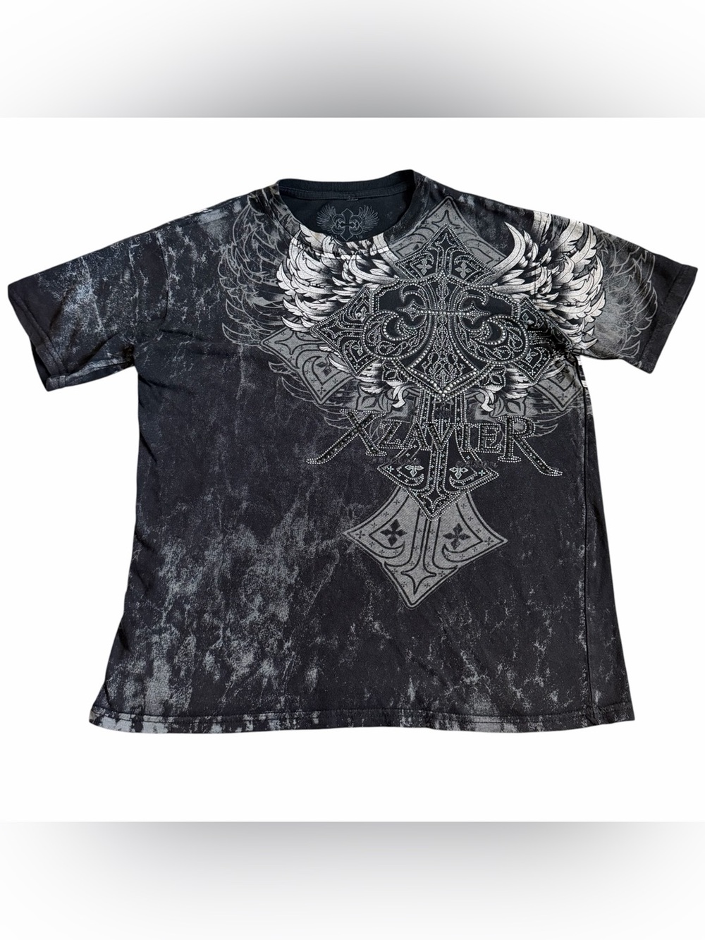 Xzavier Men’s Cross Wing T Shirt Sz M Black Rhinestone Grunge Cyber Y2K Style